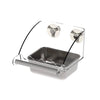 A clear glass pet feeding bowl with a stainless steel insert and a wire mesh strainer.