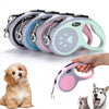 A set of pink and light green retractable nylon dog leashes are shown next to three dogs.