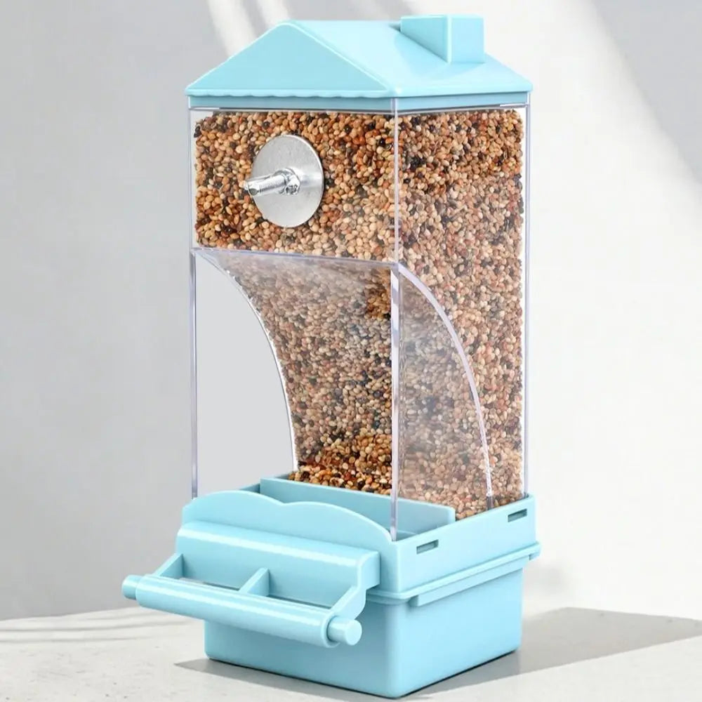 A light blue clear automatic bird feeder with a dome top and a spill-resistant hanging design.