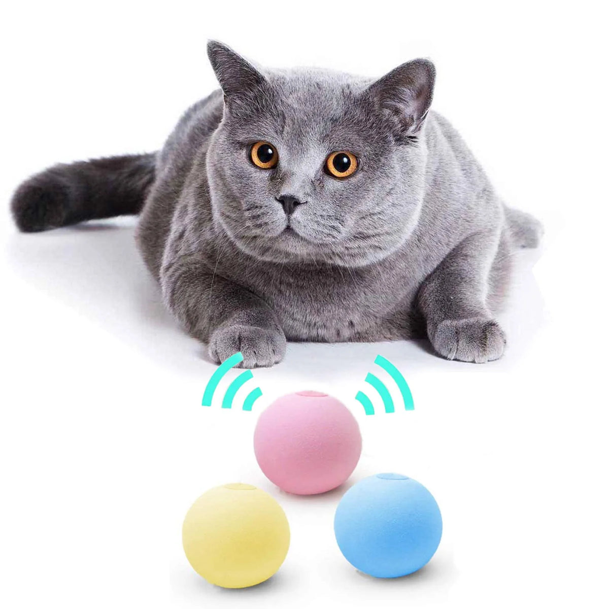Un jouet de chat en peluche interactif avec une balle grise, des billes colorées et des ondes sonores.