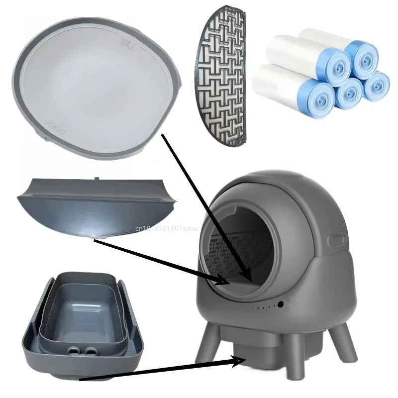 A set of cat litter box liners and a main automatic litter box unit in gray.