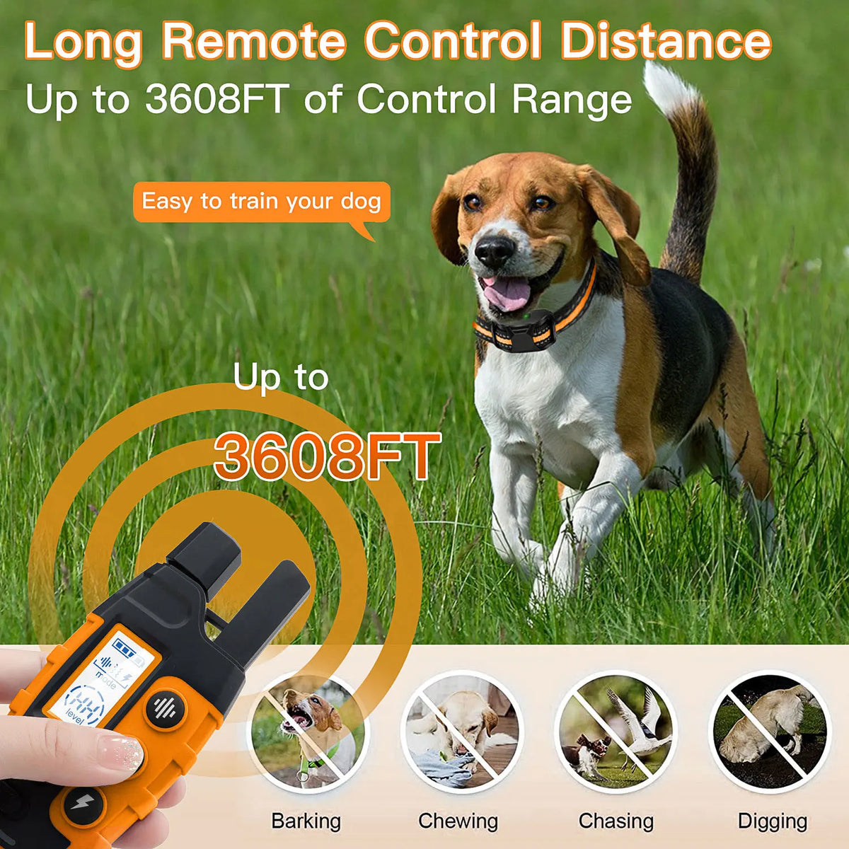 Un collar de entrenamiento eléctrico naranja para perros se muestra con un perro en un campo de hierba, demostrando su rango 