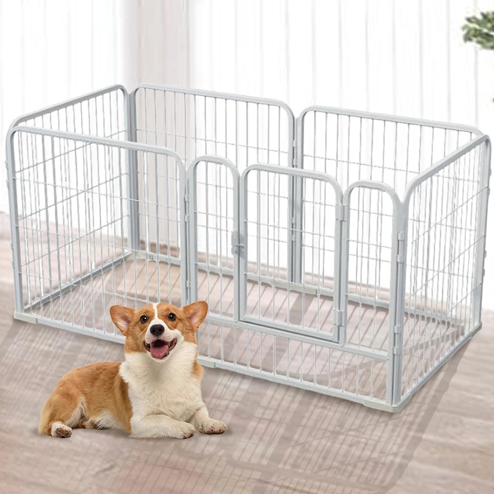 A light gray foldable pet playpen with multiple panels, featuring a happy dog sitting in front of it.