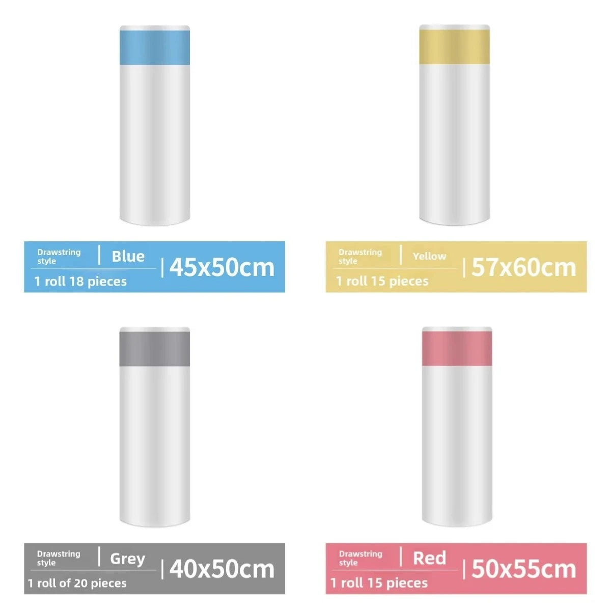 A set of drawstring trash bags in various colors and sizes including blue, yellow, grey, and red.