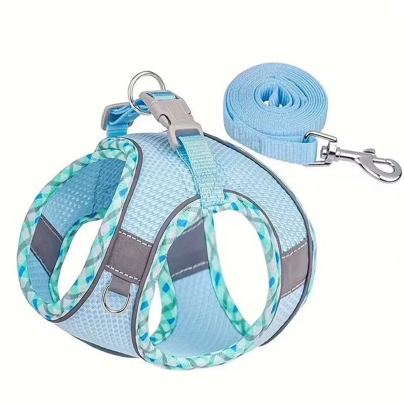 Light blue reflective dog and cat harness set with a matching leash and strap