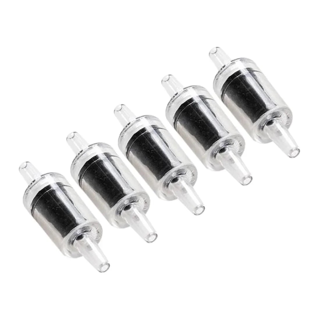A collection of small, clear plastic aquarium air pump check valves.