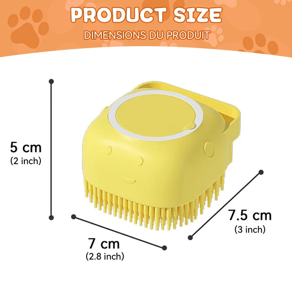 Yellow silicone pet bathing and massage brush showing its dimensions.