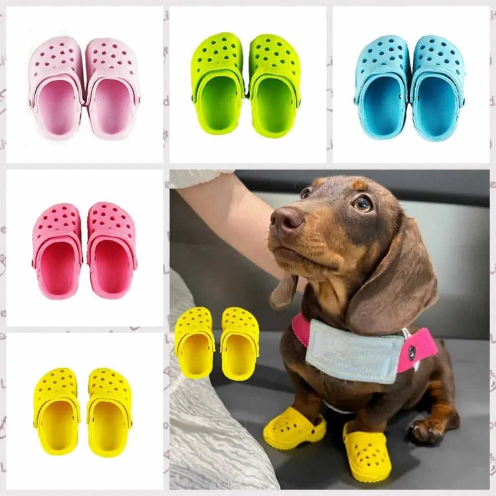 A collection of colorful non-slip pet sandals for dogs in pink, lime green, and blue.