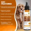 Fläschchen Pet Hair Smooth Spray neben einem Hund, hebt organische Inhaltsstoffe und Frizz-Reduktion hervor.