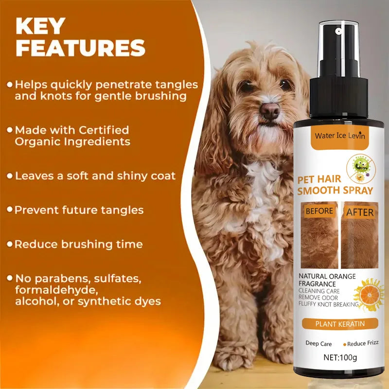 Fläschchen Pet Hair Smooth Spray neben einem Hund, hebt organische Inhaltsstoffe und Frizz-Reduktion hervor.