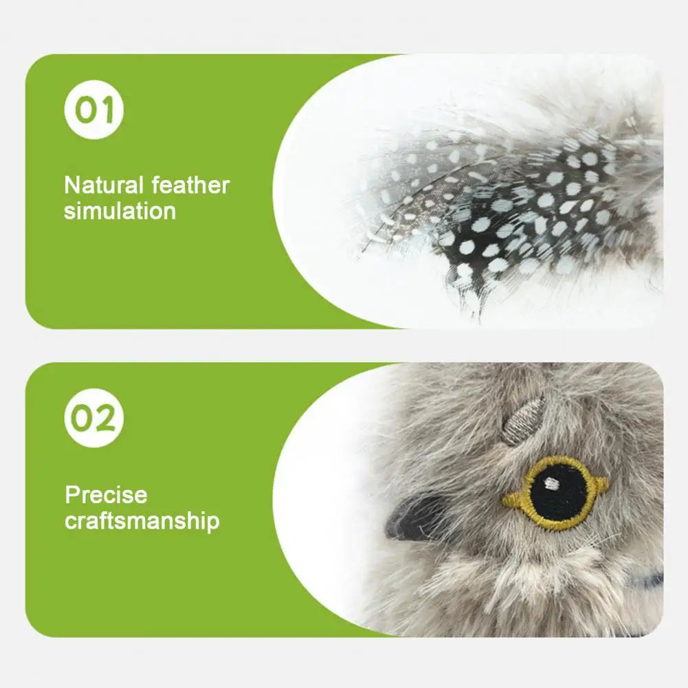 Two panels showing natural feather simulation and precise craftsmanship of an interactive flapping bird cat toy.