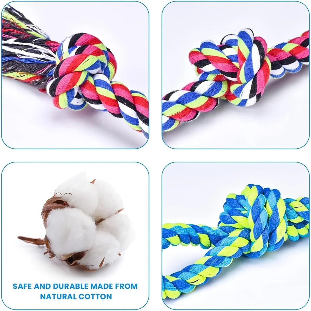 Colorful braided rope toys made from natural cotton for dog teeth cleaning and chewing