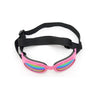 Pink and multi-colored pet sunglasses with black adjustable strap