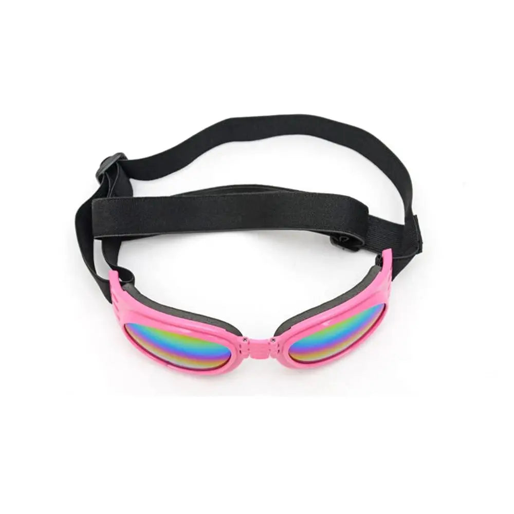 Pink and multi-colored pet sunglasses with black adjustable strap
