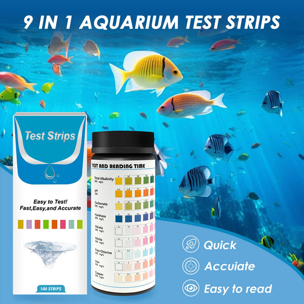 Un juego de 9 tiras de prueba para acuarios y una botella de kit de prueba contra un fondo de peces de colores nadando en azu