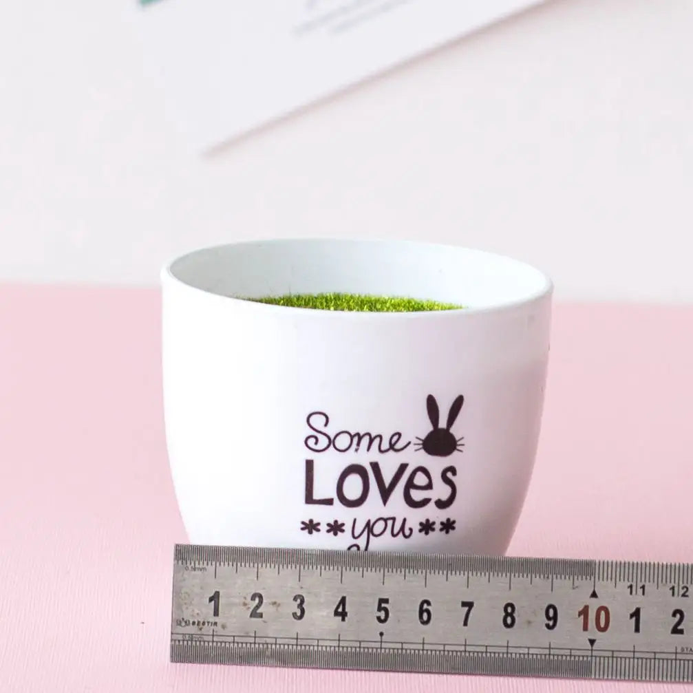 A white ceramic bowl filled with green moss, featuring the text Some Loves you with a bunny design.