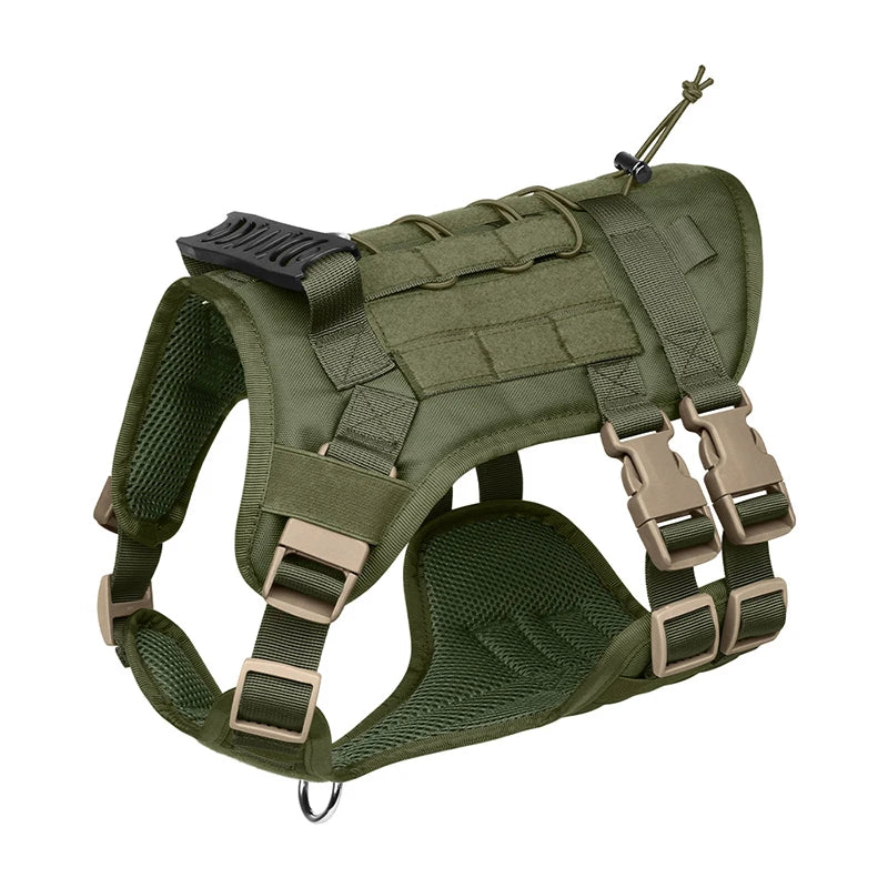 Olive green heavy-duty dog harness and leash set for a dog