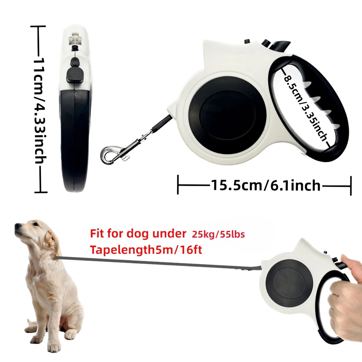 A white illuminated retractable dog leash is shown with a dog, demonstrating its 16ft length and features.