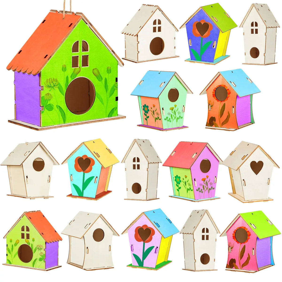 Unfinished Wooden Bird House Kit with Hemp Rope for DIY Painting