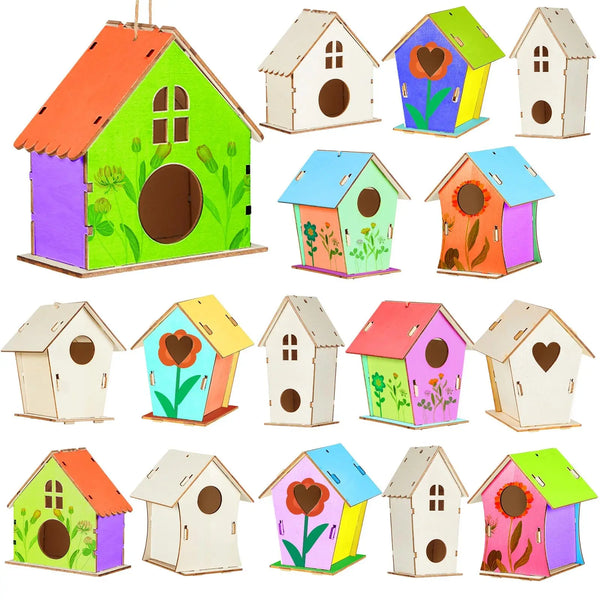 Unfinished Wooden Bird House Kit with Hemp Rope for DIY Painting