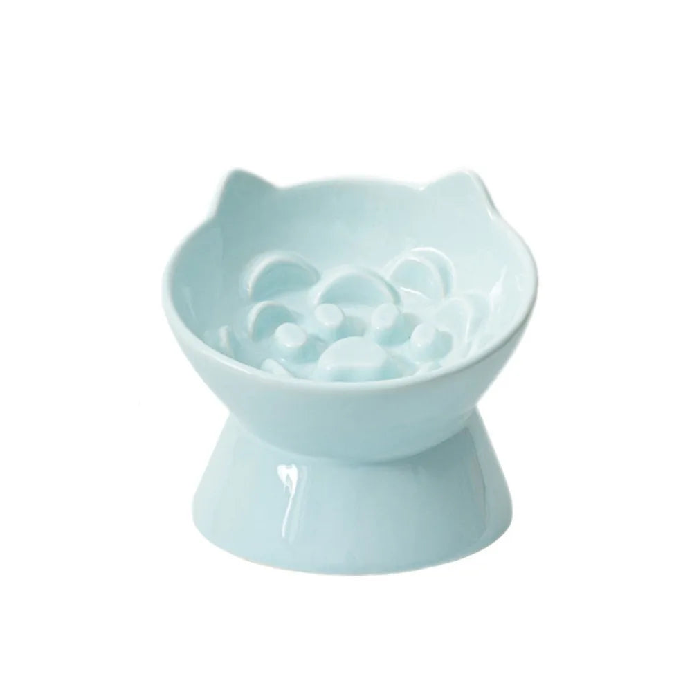 Light blue ceramic pet food bowl with a raised slanted design