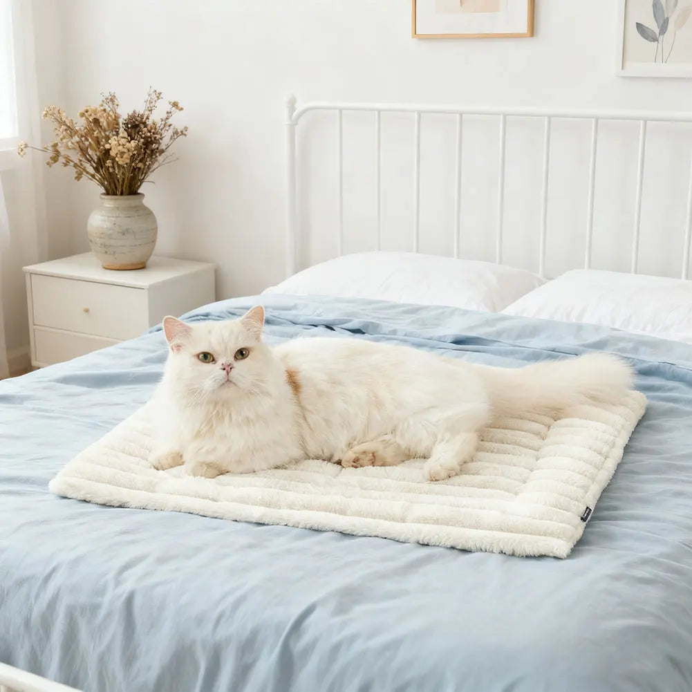 A fluffy white cat is lying on a light blue bed with a cream-colored pet mat.