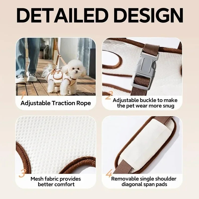 Detailed design of a portable pet carrier sling bag showing adjustable ropes, buckles, and mesh fabric for comfort.