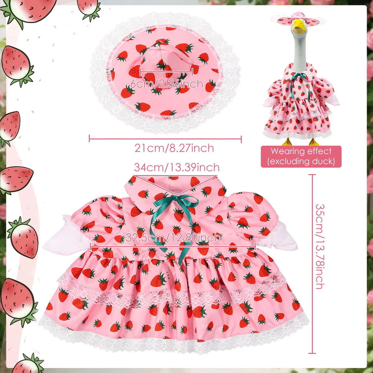 Pink strawberry themed outfit for a porch goose lawn decoration featuring a dress and a goose head.