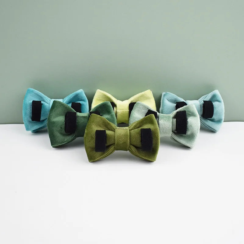 A collection of velvet cat collars in shades of blue, green, and yellow, tied with bowknots.