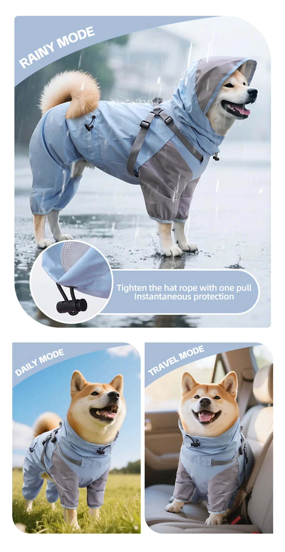 Double-Layer Waterproof Dog Raincoat with Built-in Harness and Detachable Hood