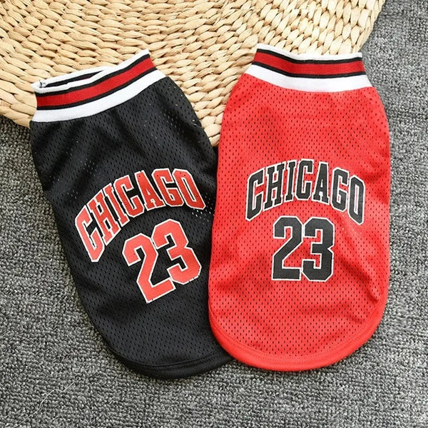 A pair of breathable mesh sport jerseys for dogs and cats in black and red colors.