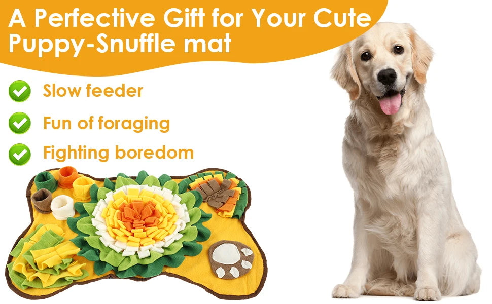 A dog is sitting next to an interactive puppy snuffle mat filled with treats and fabric for foraging