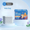 Box of 10 packs of male dog diapers with disposable puppy diapers displayed on a white stand.