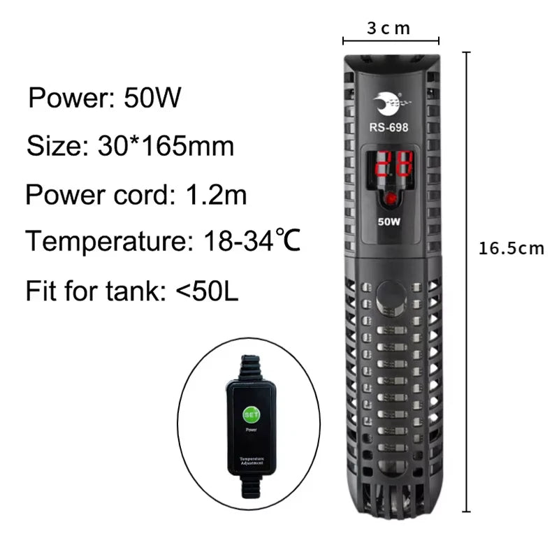Black digital aquarium heater RS-698 with a power cord and temperature adjustment setting.