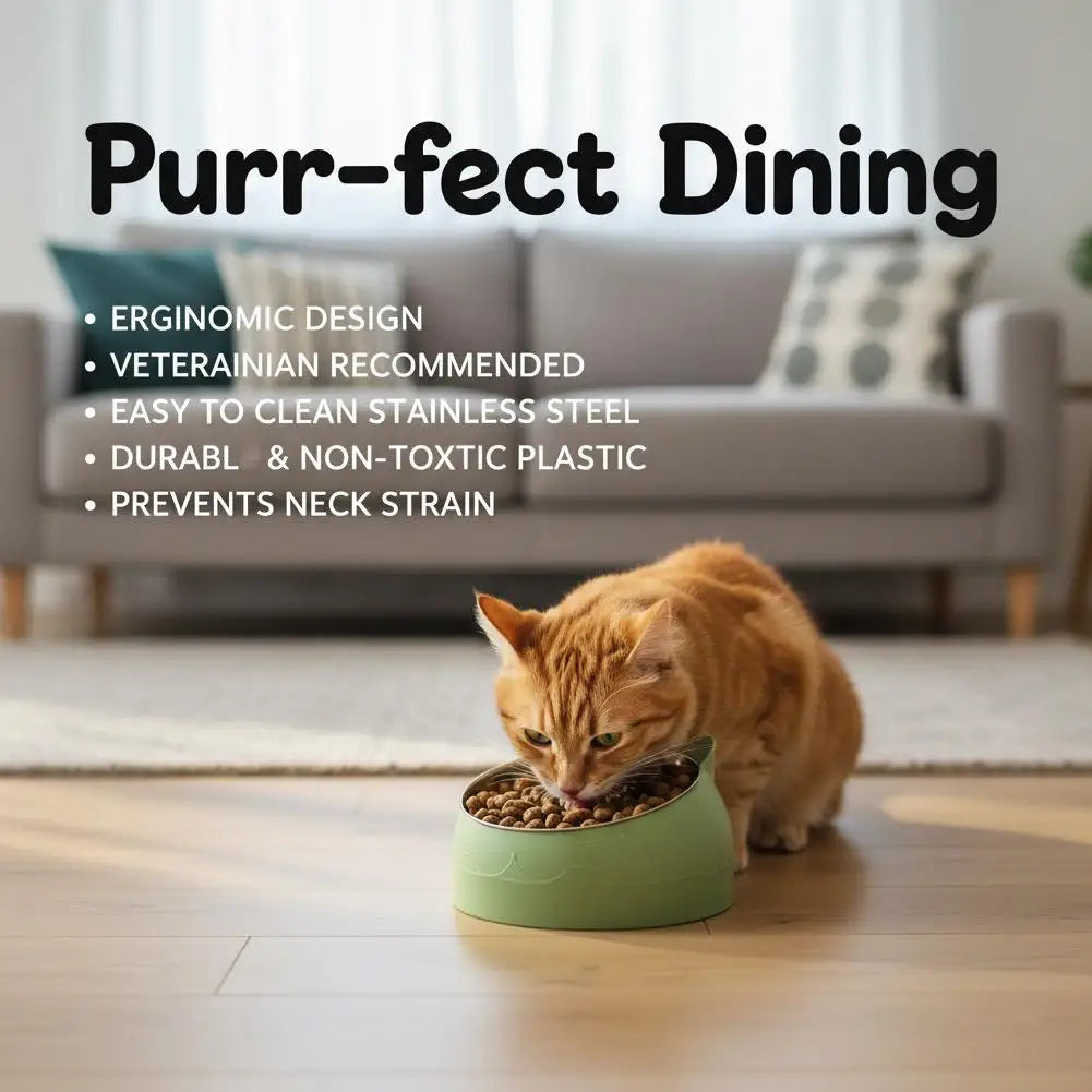 An orange cat is eating from a light green ergonomic stainless steel pet bowl on a wooden floor.