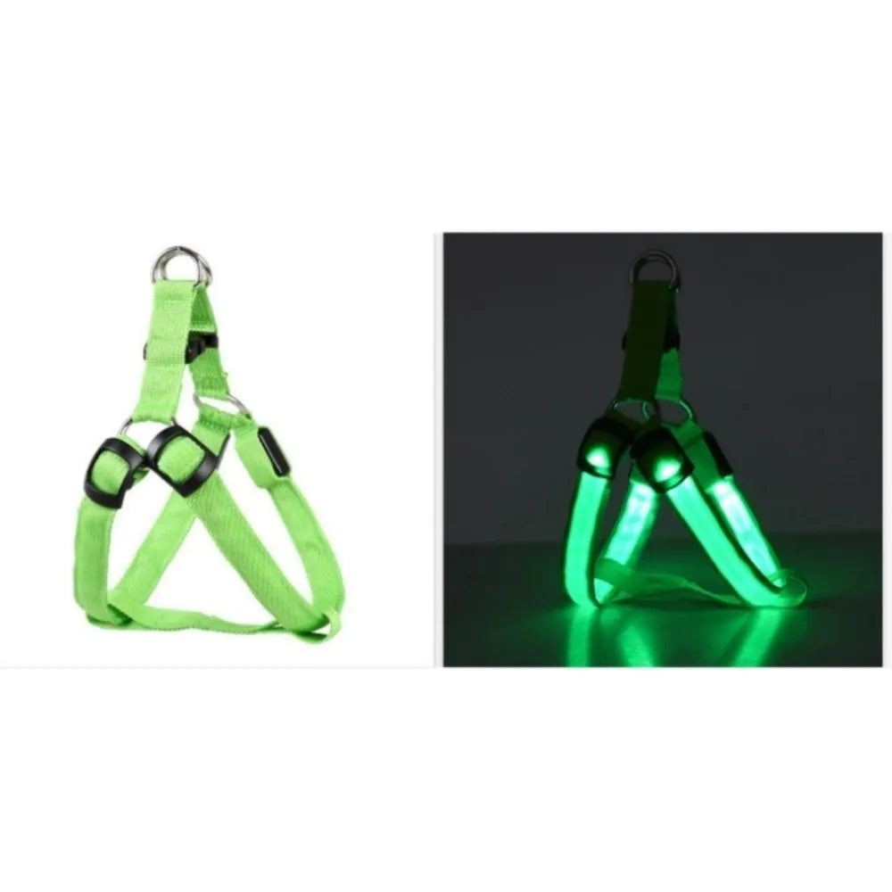 A green rechargeable LED dog harness with a breathable mesh strap shown in two views.