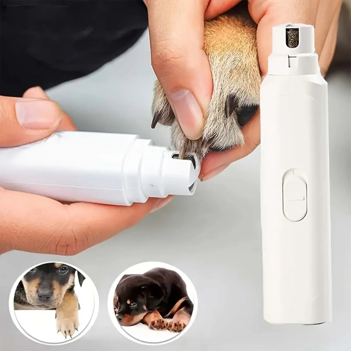A white electric pet nail grinder is shown being used to trim a dog's nails.