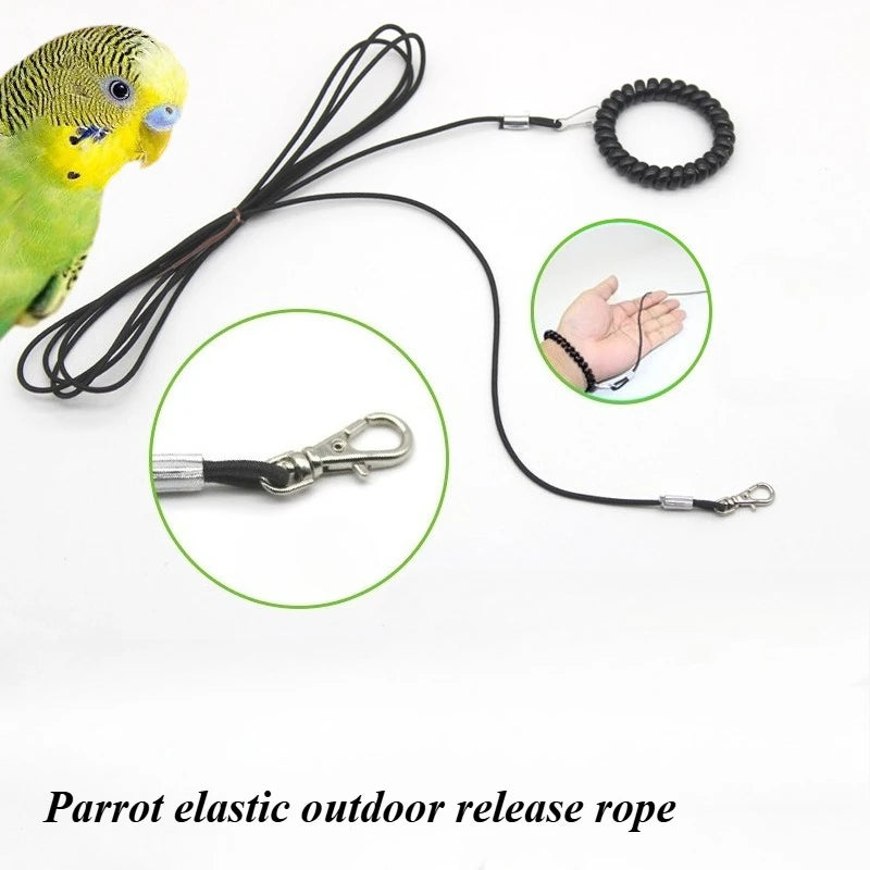 A parrot elastic outdoor release rope is shown with a bird and various components like a leash and a ring.