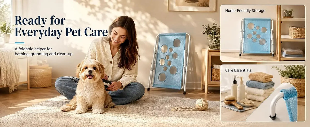 A woman is using a foldable pet grooming hammock for bathing and grooming on a dog indoors.