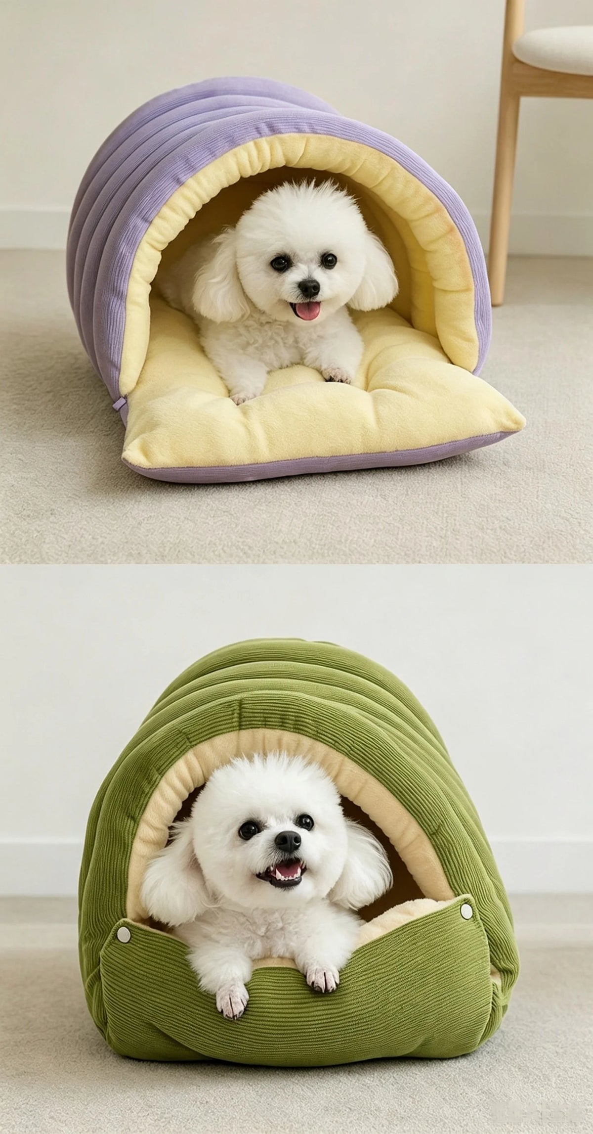 A fluffy white dog is relaxing inside a green corduroy cat cave bed.