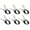 Six stainless steel pool cover clamps with blue handles displayed individually.