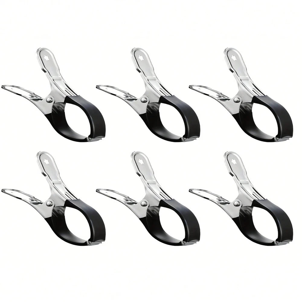 Six stainless steel pool cover clamps with blue handles displayed individually.