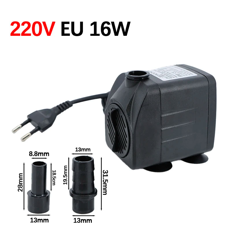 Black submersible aquarium water pump with a power cord and various sized nozzles.