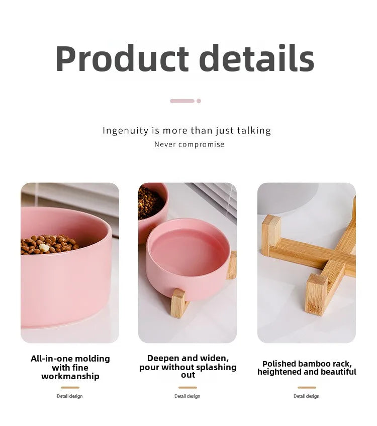 Elevated Ceramic Pet Bowl with Wooden Stand