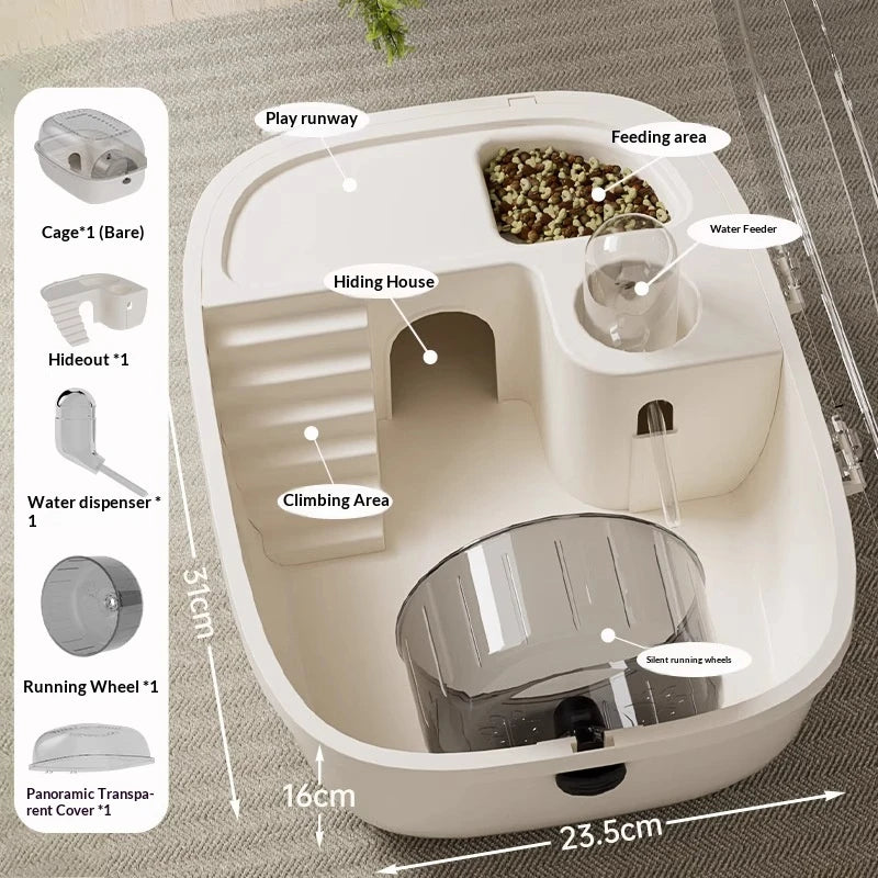 Weißes Hamsterkäfig-Habitat mit Spielbahn, Versteck und Ess-/Wasserbereich