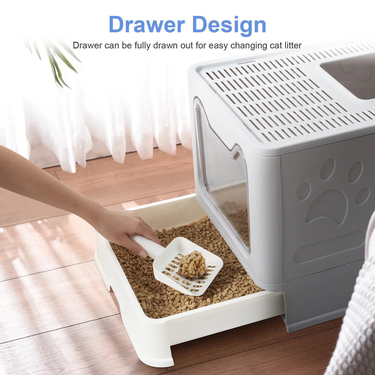 Foldable Cat Litter Box with Front Entry, Top Exit, and Drawer Tray