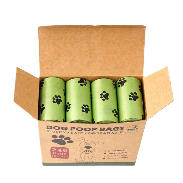 Box of 10 rolls of heavy duty leak-proof dog poop bags in lime green packaging