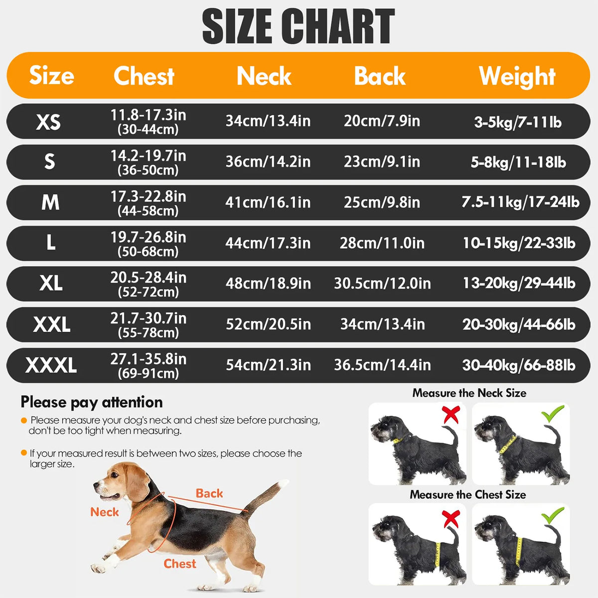 Größentabelle für einen Hundevest, mit Maßen von XS bis XXXL