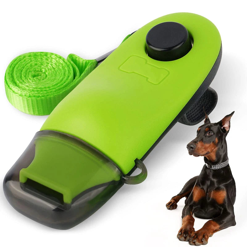 A bright lime green 2-in-1 dog training clicker and whistle device with a black button and silicone tip.