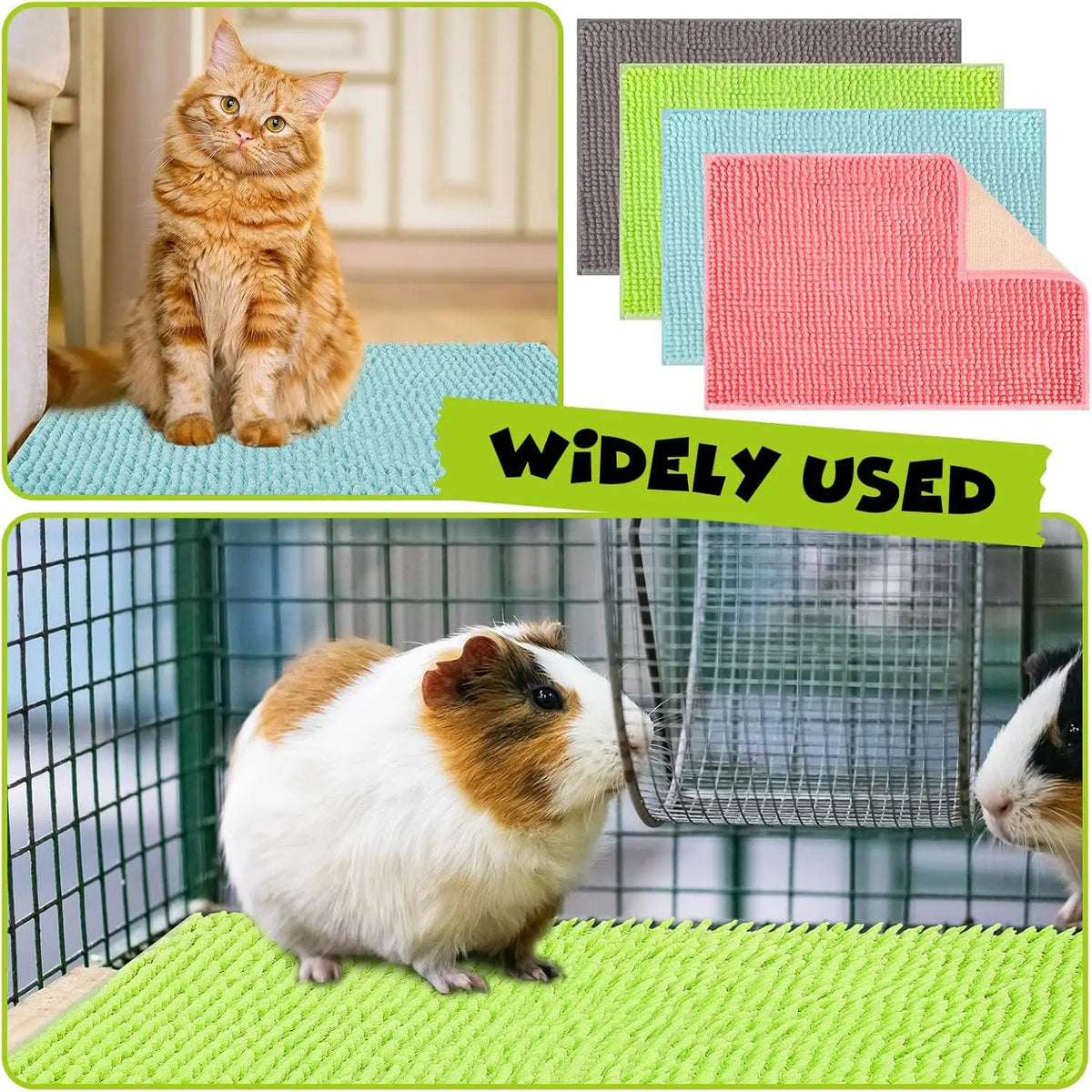 A set of four colorful washable fleece cage liners for small pets displayed next to a cat and a guinea pig.